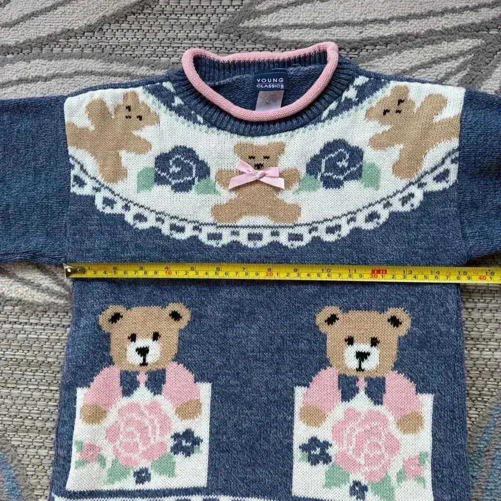 Vintage Young Classics Youth Girls’ Acrylic Teddy Bear Floral Sweater Size Small